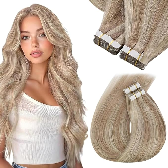 Sunny Hair Tape in Hair Extensions Real Human Hair Invisible Remy Hair Extensions Tape ins for Women Ash Blonde Highlight Bleach Blonde with Pink Hue 24 inch 40pcs 100g