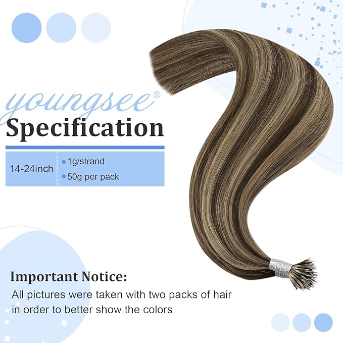 YoungSee Nano Beads Hair Extensions Human Hair Dark Brown with Caramel Blonde No Glue Nano Loop Hair Extensions Real Human Hair Pre Bonded Nano Hair Extension Highlight Brown 20in 50grams 50strands