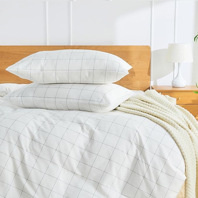 JELLYMONI 100% Natural Cotton Plaid Standard Pillowcases Set, 2 Pack White with Black Grid Geometric Pattern Printed Pillow Covers with Envelope Closure(Pillows are not Included)