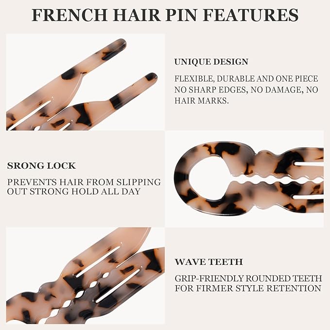 Sunolga 6pcs Prestige French Hair Pins for Women, 4.38" Large, Serrated Anti-Slip Design, Curved Shape for Better Head Fit, Coquette Elegant Hair Accessories for Updos, Chignon, Bun Hairstyles