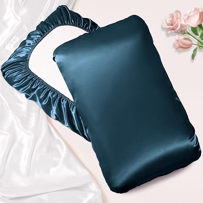 Manyshofu Satin Pillowcases for Hair Protection - 1Pcs Navy Blue Pillow Cases, Elastic Band Standard & Queen Satin Pillowcases Luxury Silky Pillow Cases Travel Pillow Covers