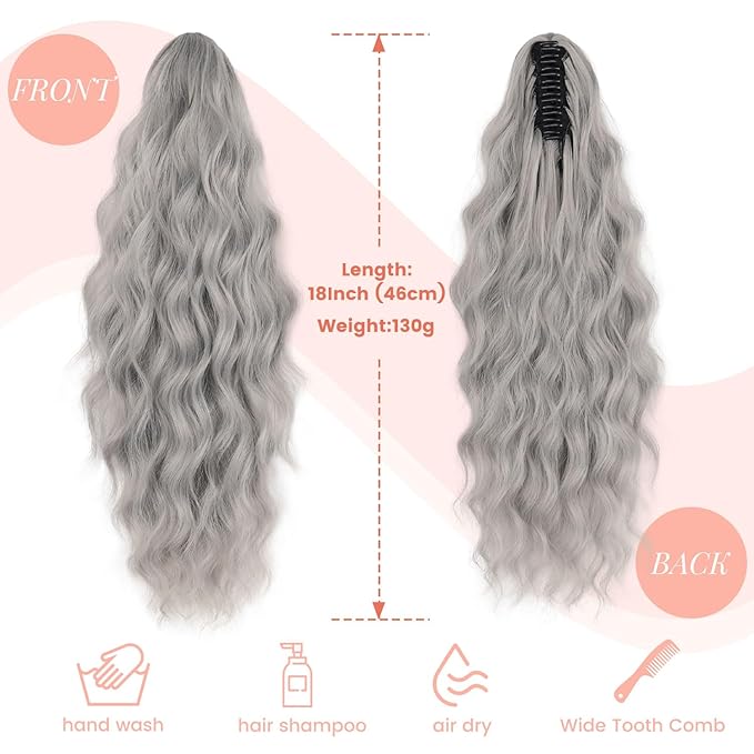 Ponytail Extension, 18 Inch Claw Clip Ponytail Extensions Curly Wavy Ponytail Hair Extension Jaw Clip on Pony Tails Hairpiece for Women Fluffy Natural Synthetic for Daily Use (Silver Grey)