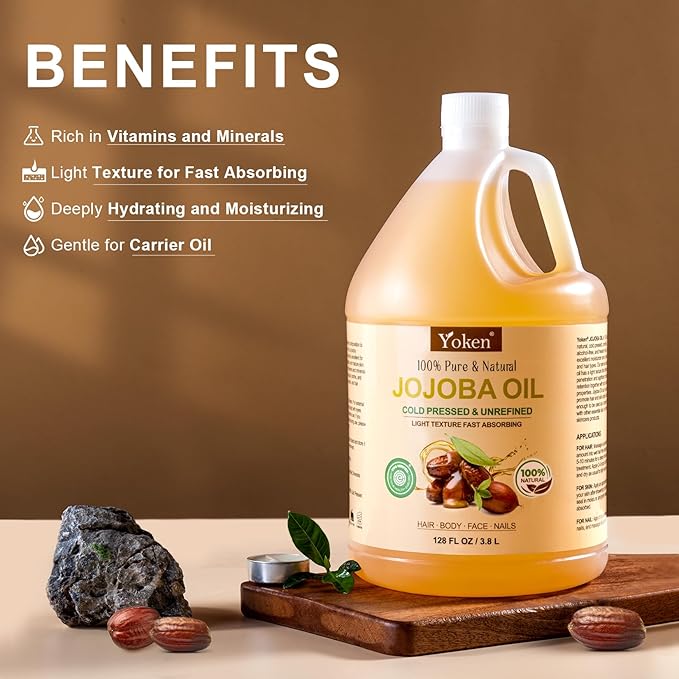 1 Gallon Jojoba Oil EWG Verified - 100% Pure Jojoba Oils Bulk Cold Pressed Unrefined Hexane Free Virgin Golden jojoba Carrier Oil for Hair Skin Massage DIY Natural Body Moisturizer