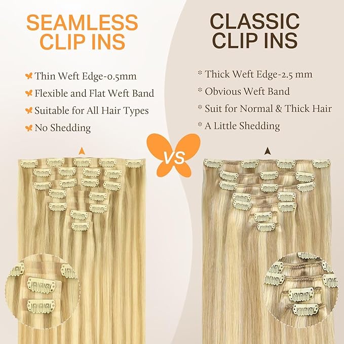 DOORES Hair Extensions Seamless Clip in Real Human Hair, DirtyBlonde Highlight Golden Blonde 18 Inch 110g 7pcs, Human Hair Extensions Skin Weft Remy Straight Hair Invisi Edge Hair Extensions