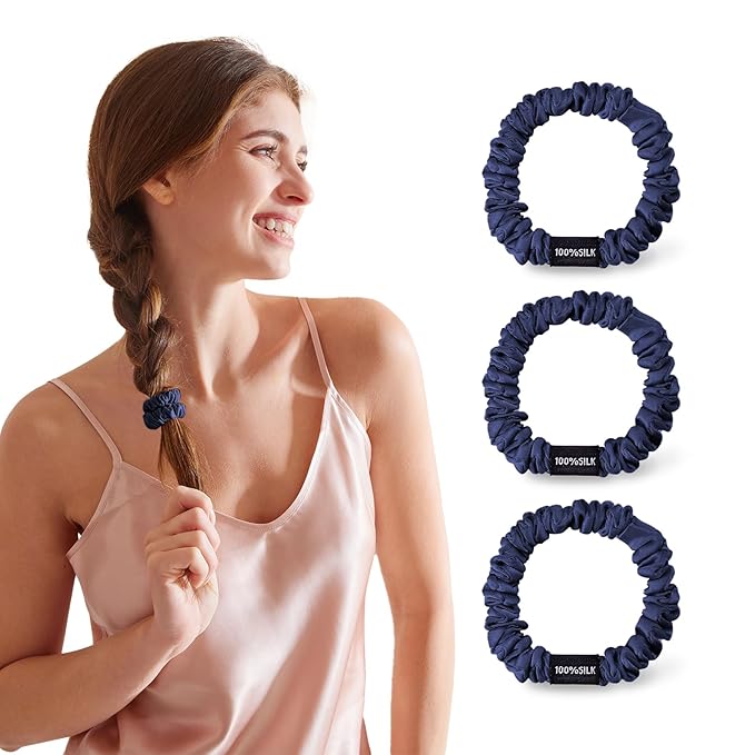 THXSILK 100% Mulberry Silk Scrunchies 3-Pack, 25 Momme Mulberry Silk Hair Ties for Women, Sleek Low Profile No Damage Ponytail Holders, for Fine Hair & Everyday Use, Navy Blue