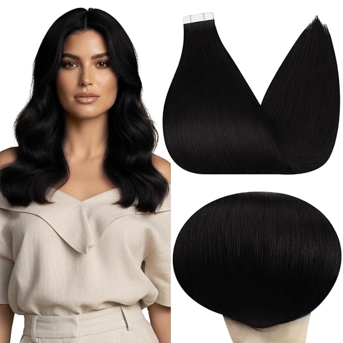 Full Shine Tape in Hair Extensions Human Hair Color 1 Jet Black Tape in Extensions Real Human Hair Skin Weft Tape in Extensions 14 Inch Invisible Soft Remy Straight 40 Pcs 100 Gram for Daily Wear