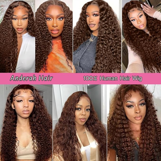 Anderah Chocolate Brown Deep Wave Lace Front Wigs Human Hair 200 Density 13x6 HD Lace Frontal Wigs Curly Human Hair Wig For Women Pre Plucked with Natural Hairline 4# Brown Color (26inch)
