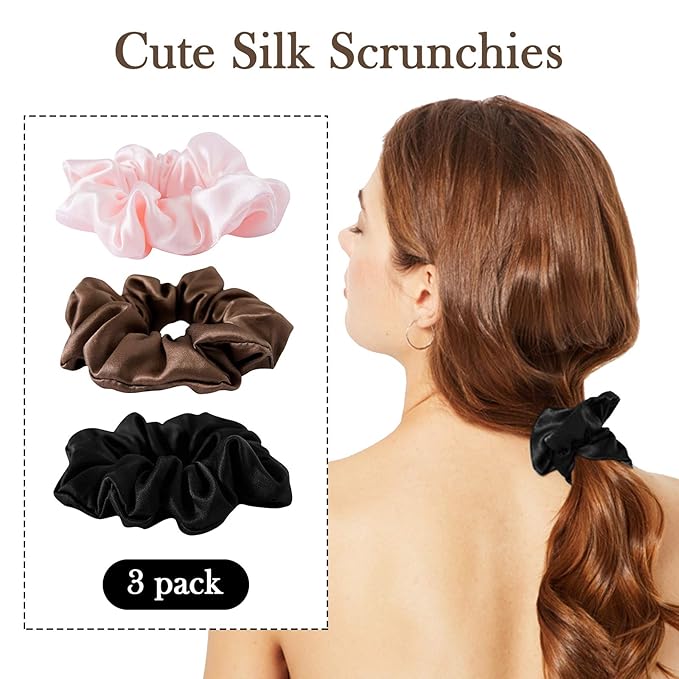 Silk Scrunchies for Women - 100% Mulberry Silk Hair Ties, 3 Pack, No Damage Elastic Ponytail Holders (Brown, Black, Pink)