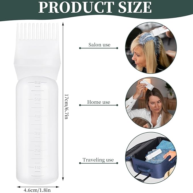 Pimoys Root Comb Applicator Bottle 6 Ounce, Oil Applicator for Hair Dye, Hair Oiling Bottle Brush with Graduated Scale, White