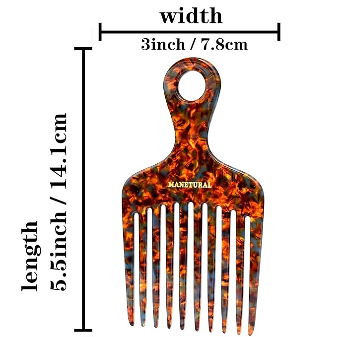 14N Long Tooth Comb, 2 PACK, Tortoise A, Cellulose Acetate, Hair Pick for Wavy, Kinky, Curly, Afro Hair - Women, Kids & Men's Beard, Handmade Saw Cut Hand Polished