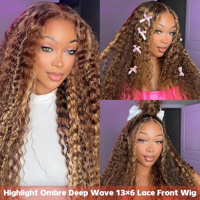 Highlight Ombre 13x6 Lace Front Wig Human Hair Deep Wave Honey Blonde Glueless HD Transparent Lace Frontal Wigs for Women 180 Density Human Hair (highlight ombre deep wave, 34 inch)