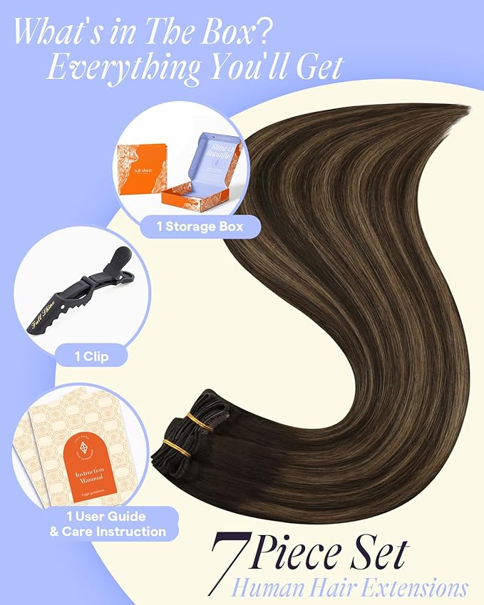 Full Shine Dark Brown Balayage Clip in Extensions Real Human Hair 20 Inch 150 G Brown Clip on Hair Extensions for Thickness 7 Pcs