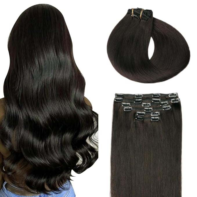 SURNEL Clip in Hair Extensions Human Hair, Natural Black Clip in Hair Extensions 20 Inch 120g 6pcs(#1B,20'')