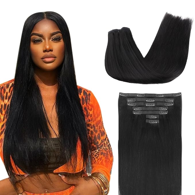 Lashey Clip in Hair Extensions Real Human Hair Extensions, 110g #1 Jet Black Seamless Hair 18 Inch 7pcs for Black Women Soft Silky PU Clip in Remy Human Hair Extensions