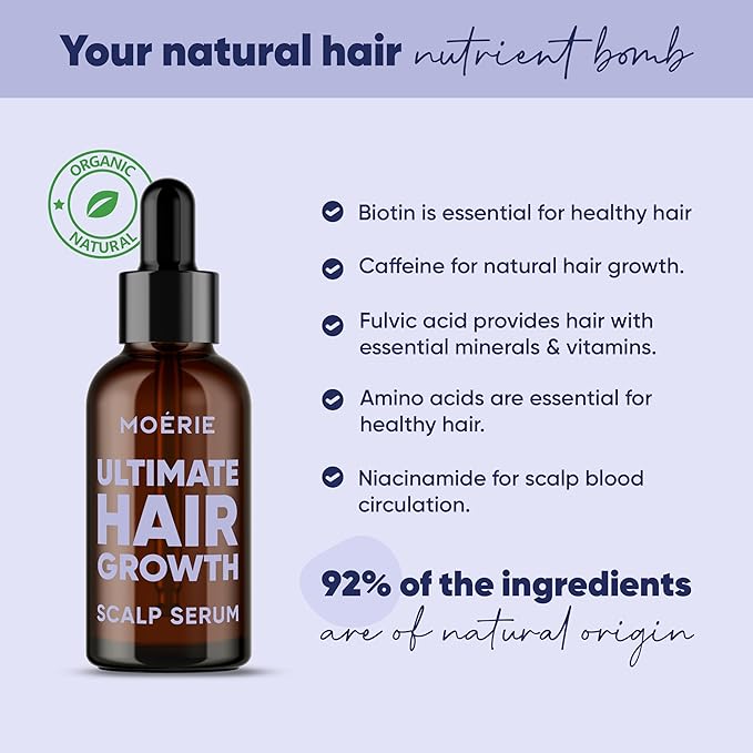 MOERIE Ultimate Hair Growth Serum for Natural Hair Regrowth & Thickening - Anti Thinning & Hair Loss Treatment for Women - Rapid Hair Growth Products - Scalp Oil Alternative - 1.69 fl oz, 2 pack