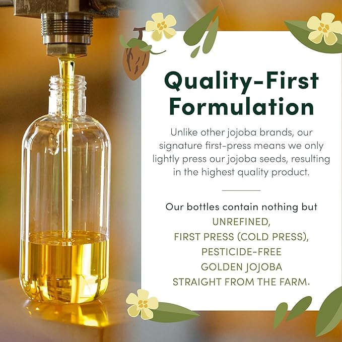 HobaCare Unrefined Jojoba Oil for Skin Care, Hair, Beard Conditioning, Scalp Massage - 100% Pure Carrier Oil for Perfume or Soap Making - Natural, Vegan, Hexane Free, Long Shelf Life (32 oz)
