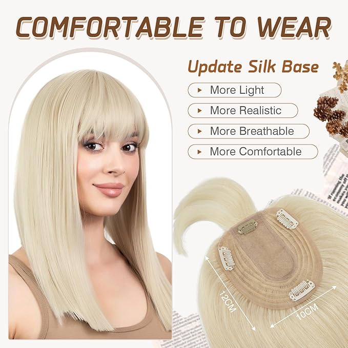 Rich Choices Hair Toppers for Women Real Human Hairs With Bang 100% Remy Human Topper for Thinning Hair Clip in Silk Base Topper 6 Inch #60 Platinum Blonde