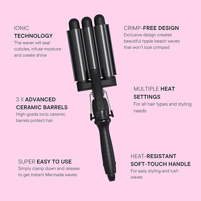 Mermade Hair PRO Hair Waver 1" - Hair Waver 3 Barrel, 3 Barrel Curling Iron 1 Inch, Ceramic Barrel Waver for Thick, Thin, Long, or Short Hair - 1", Black