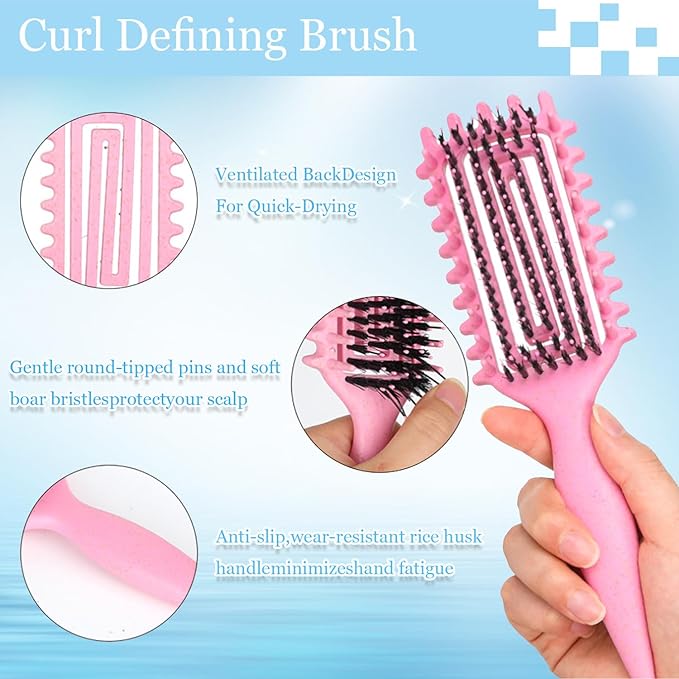 Curly Hair Brush,Curl Defining Brush plus 3 Pieces Hair Styling Comb Set(Slick Back Hair Brush,Rat Tail Comb,Edge Bristle Brush) Lightweight Vented for Combing, Shaping, Styling(Pink)