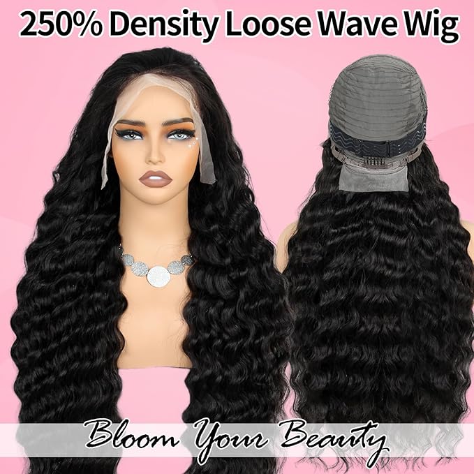 250% Density HD Lace Front Wigs Human Hair Loose Wave 100% Real Human Hair 15A Full 13x4 Large Lace Space Loose Deep Wave Wig Pre Plucked, No Synthetic Blend No Tangle No Shedding Triple Lifespan 3X