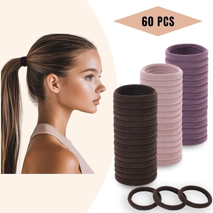 60 Pcs 2 Inch Neutrals No Damage Hair Ties for Women Thick Hair, Large Soft Seamless Nylon Fabric Ponytail Holders Elastics Band for Women