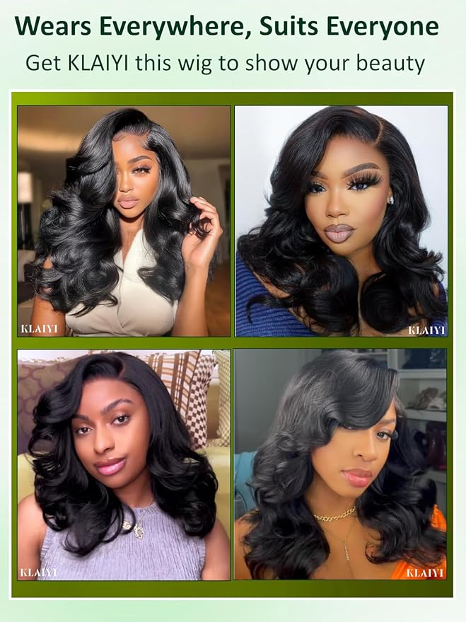KLAIYI Bye Bye Slip™ Loose Body Wave Wig Layer Side Part 200% Density 7X5 Pre Cut Lace Front Wigs Human Hair Drawstring Glueless 30S Ready to Wear and Go Beginner Wig Pre Plucked Bleached Knots 14Inch