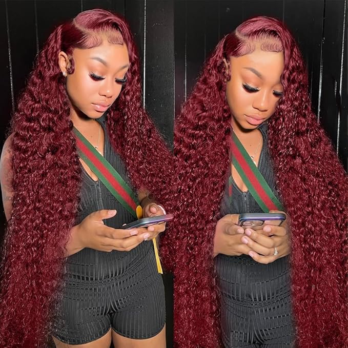 40 Inch 99J Burgundy Lace Front Wigs Human Hair Red Burgundy Wig 200% Density 13x6 Deep Wave Lace Front Wigs Human Hair Pre Plucked Glueless HD Lace Frontal Wigs for Women