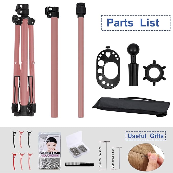 Klvied Metal Wig Stand Tripod with Foot Panel,Adjustable Mannequin Head Stand Tool Tray, Wig Head Stand for Styling,Tripod for Mannequin Head,Rose Golden