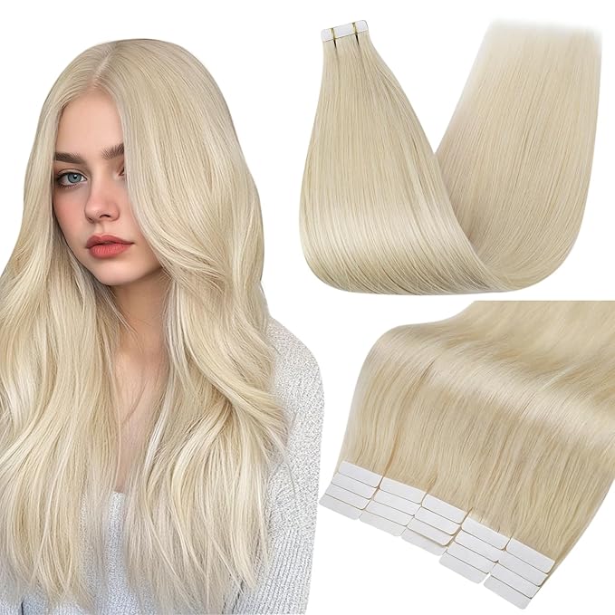 Full Shine Tape in Hair Extensions Human Hair 12 Inch Color 60 Platinum Blonde Remy Straight Tape in Extensions for Women 30 Grams Natural Seamless Skin Weft Brazilian Hair 20PCS Add Volume