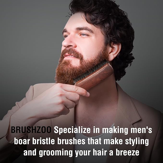 BRUSHZOO Hair Brush, Boar Bristle Hair Brush for Women Men Short Thin Fine Hair, Beech Handle Hairbrush for Hair Detangle Smooth