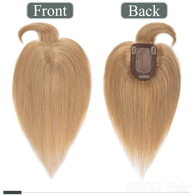 SEGO Hair Toppers for Women Real Human Hair with Thinning Hair, Toppers Hair Clip in Toppers with Front Bangs 150% Density Silk Base -14 Inch #27 Dark Blonde