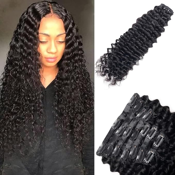Seamless Clip in Hair Extensions Human Hair Deep Wave Clip ins for Black Women 8Pcs Brazilian Virgin Human Hair Clip in Extensions PU Skin Weft 18Clips 120g 14inch Natural Black