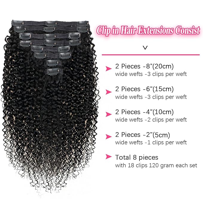 Curly Clip in Extension Human Hair 3C 4A Kinky Curly Clip Ins Full Head for Women Brazilian Remy Human Hair Natural Color 8 Pcs with 18 Clips 120g/Set (22 inch)