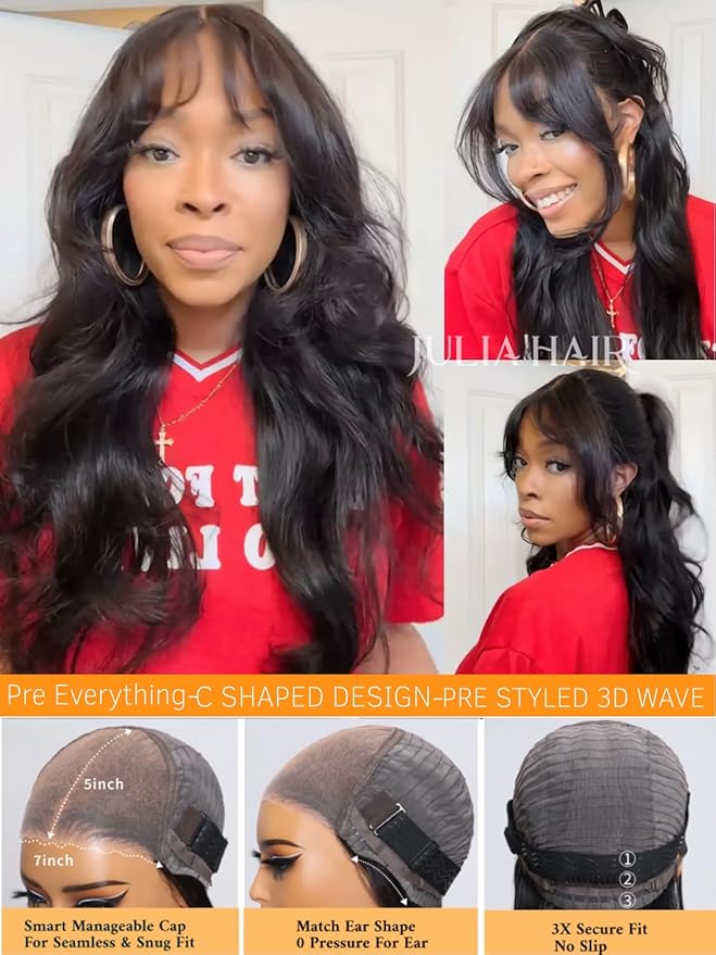 Julia Hair Bye Bye Knots Curtain Bangs Wig Glueless Fluffy Natural Loose Wave Pre Cut 7x5 HD Lace Front Wigs Invisible Pre Plucked Pre Everything Body Wave Put on and Go Wig for Women 20 Inch