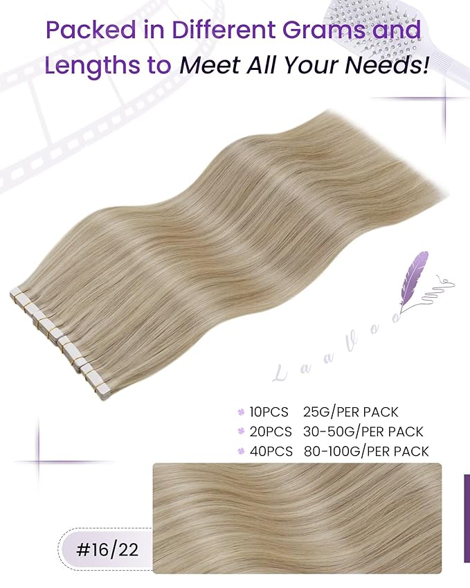 LaaVoo Tape in Human Hair Extensions Dark Ash Blonde Highlighted with Light Blonde Tape in Hair Extensions Seamless 40pcs 100g 16 Inch