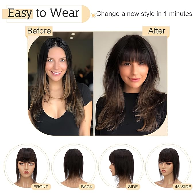 SEGO Hair Toppers for Women Real Human Hair With Bangs, 7 * 13CM Silk Base 100% Remy Human Hair Clip in Top Wiglet Hairpieces Add Volume /14 Inch Natural Black