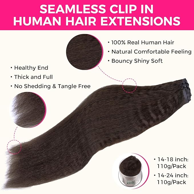 Lashey Seamless Clip in Hair Extensions Human Hair #2 Dark Brown Kinky Straight Clip in Hair Extensions Real Human Hair 7pcs 110g 20 Inch PU Weft Natural Hair Extension for Women