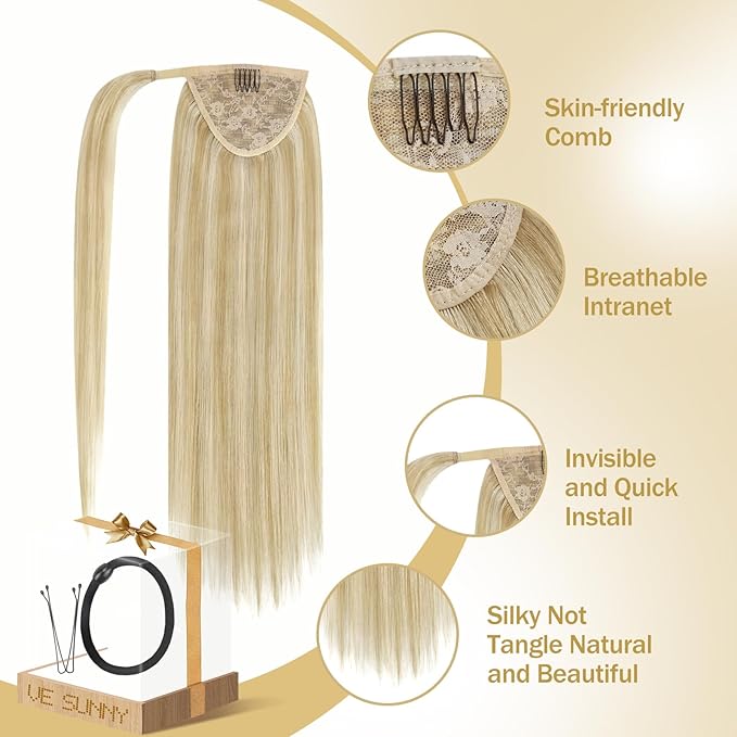 Ve Sunny Hair Extensions Ponytail Real Human Hair Wrap Around Clip in Ponytail Hair Extensions Straight Extensions Human Hair for Women Strawberry Honey Blonde Highlights Bleach Blonde 16inch 80G