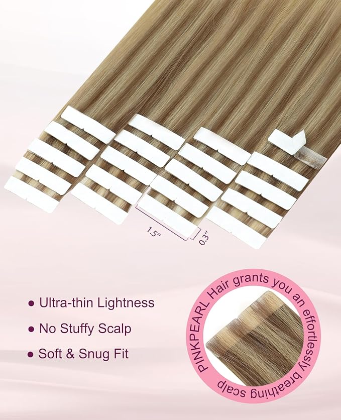 Pinkpearl Invisible Tape in Hair Extensions Human Hair, 20pcs 16inch 45g #10/27/27 Golden Brown to Caramel Blonde Injection Tape in Extensions Real Remy Seamless Human Hair Injected