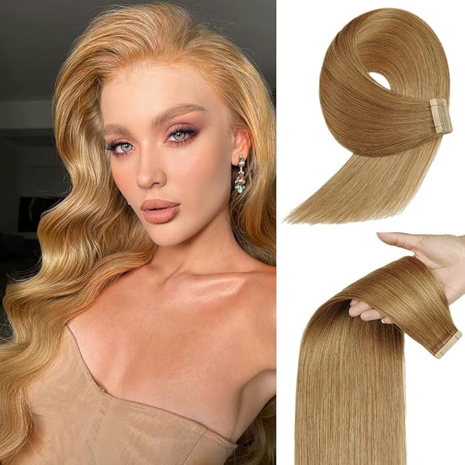 Tape in Hair Extensions Real Human Hair 24 Inch Honey Blonde Double Sided Tape for Skin Weft Hair Extension Invisible Tape in Hair Extensions Straight Remy Human Hair for Women 20pcs (27#,24 Inch)