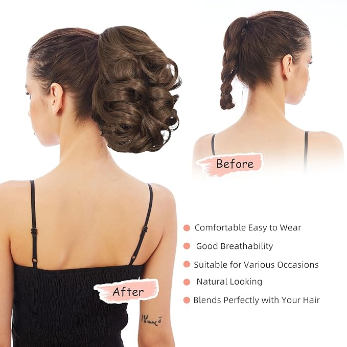 Ponytail Extension, Clip on Ponytails for Women, 9" Claw Clip in Short Curly Wavy Pony Hair Extension for Women - Brown