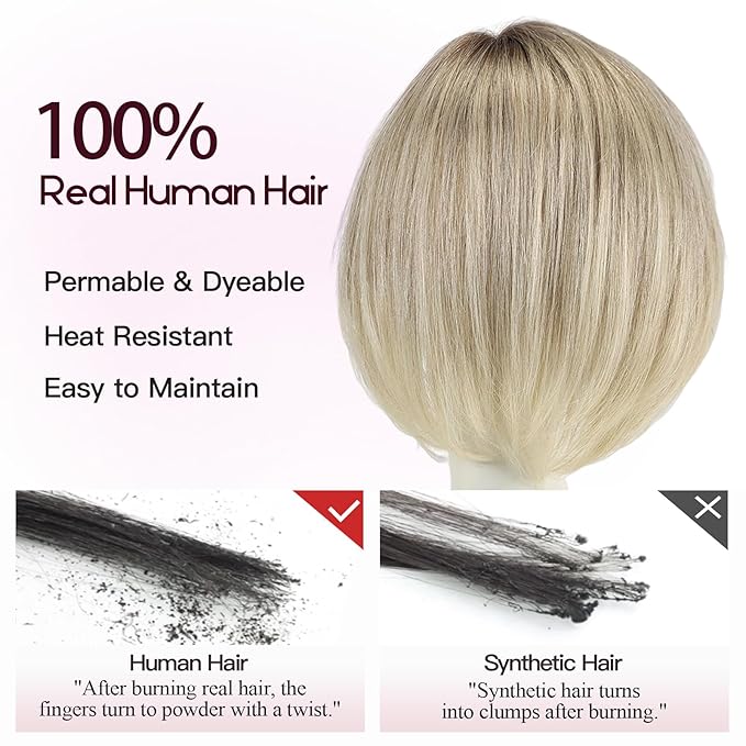 EMMOR Human Hair Toppers for Women Short Bob Real Hair with Bangs 10" Side Part Hairpieces for Women with Thin Hair 6.5" × 6.5" Larger Base Human Wig Toppers(Ombre Gray Blonde)