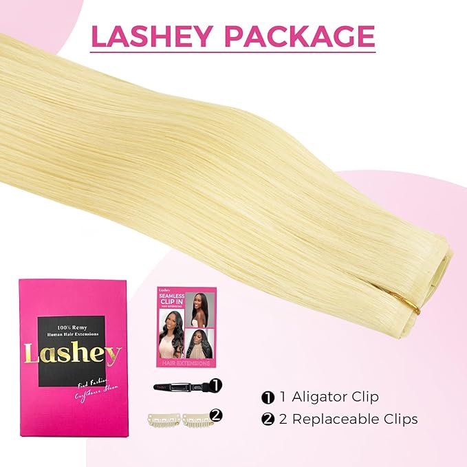 Lashey Clip in Hair Extensions Real Human Hair 4pcs 58g 24 Inch Straight Seamless Clip in Hair Extensions Human Hair Highlights #613 Blonde
