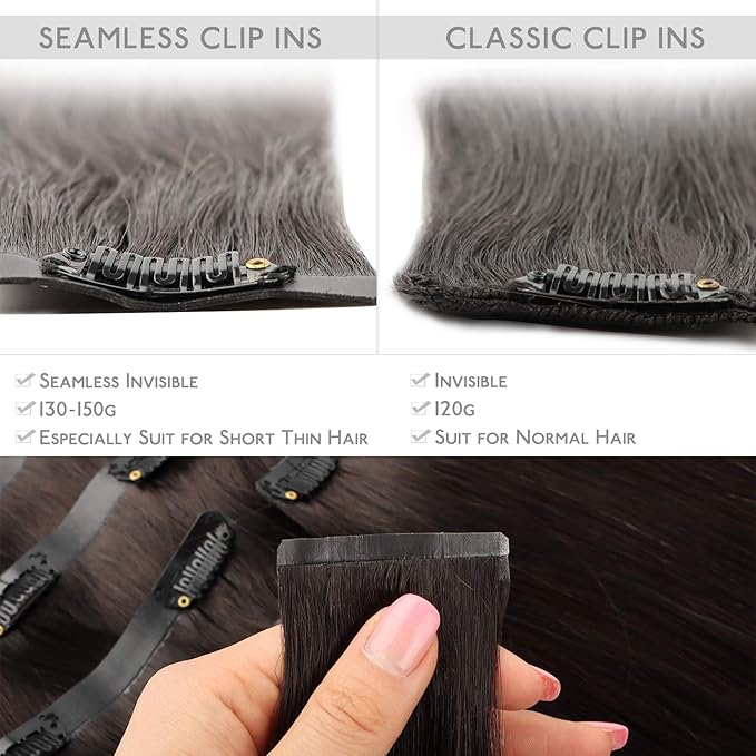 WENNALIFE Seamless Clip In Hair Extensions, 14 Inch 130g 7pcs Dark Brown Hair Extensions Clip in Human Hair Invisible PU Skin Weft Natural Remy Human Hair Extensions