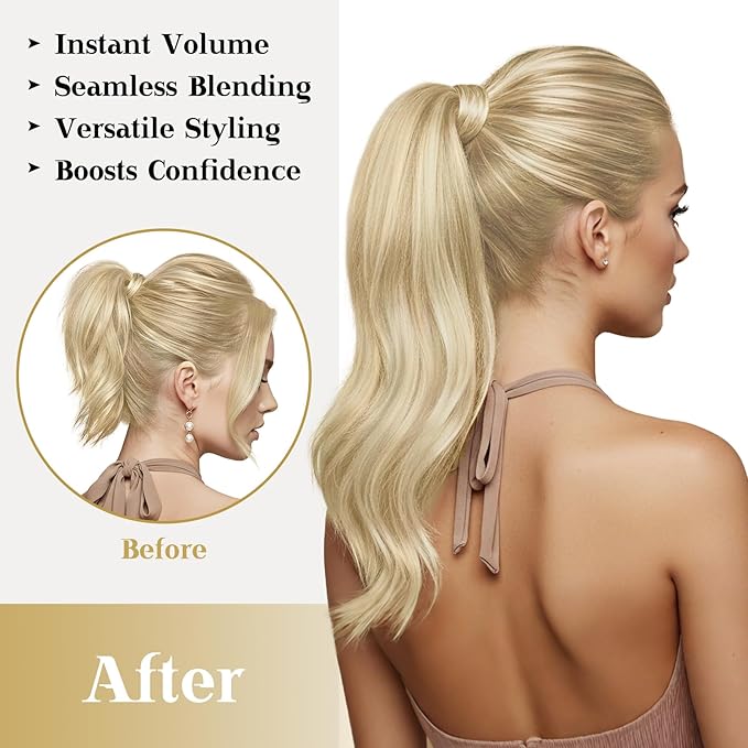 Ve Sunny Hair Extensions Ponytail Real Human Hair Wrap Around Clip in Ponytail Hair Extensions Straight Extensions Human Hair for Women Strawberry Honey Blonde Highlights Bleach Blonde 20inch 80G