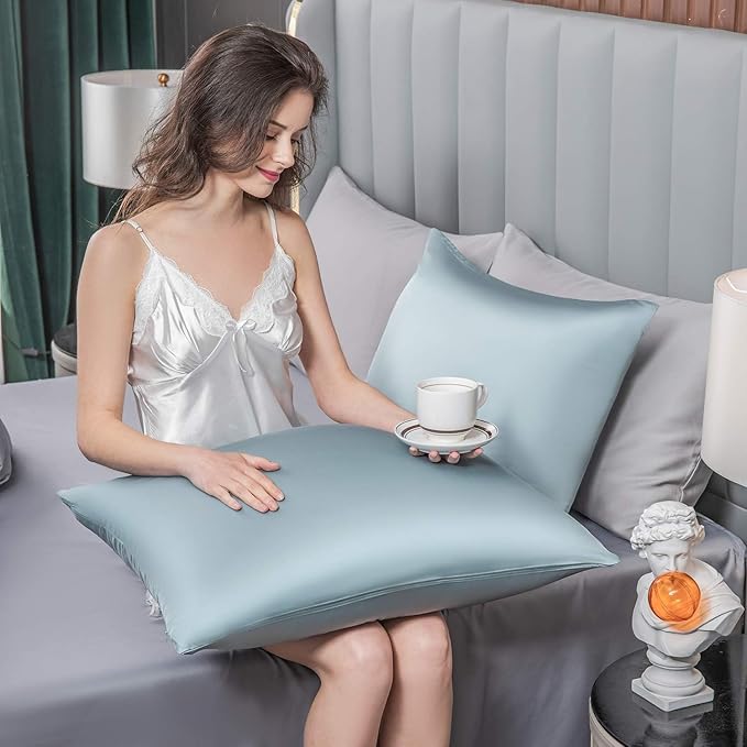 Mulberry Silk Pillowcase for Hair and Skin,Cooling Silk Pillow Case with Hidden Zipper,Allergen Proof Dual Sides Soft Breathable Smooth Silk Pillow Cover for Women (Aqua Blue, Body)