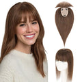 Hairro Human Hair Toppers with Wispy Bangs, 3.5x4.7" Hand-wovened Base for Women with Thinning Hair, Lightweight & Breathable Realistic Scalp, Clip-in Hairpieces for Easy Wear, 12 Inch Dark Brown