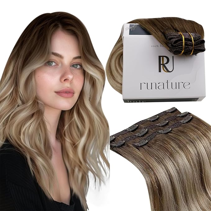 RUNATURE Clip in Hair Extensions Human Hair Balayage Clip in Human Hair Extensions for Women Soft Remy Natural Hair Straight 10 Inch 50g 3pcs #3/8/22 Walnut Brown to Blonde Balayage
