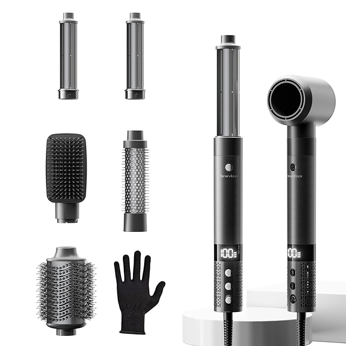 6 in 1 Blow Dryer Brush Set, Powerful Hair Dryer Brush with Auto-Winding Curl L/R, Fast Drying, Smooth Blowouts, Root-Lift Volume, No Heat Damage Frizz-Free Thermal Brush, Hot Air Styler for Travel
