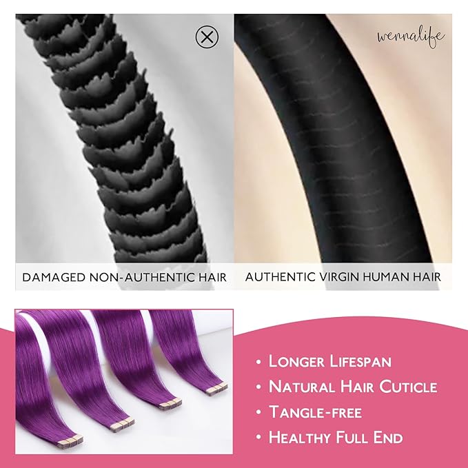 WENNALIFE Tape in Hair Extensions Human Hair Purple Tape in Extensions, 10pcs 25g 14 inch Remy Invisible Tape Ins Straight Colored Soft Real Human Hair Tape in Extensions Refill Set Extensions